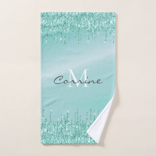 Mit Monogramm Metallic Aqua Blue Dripping Glitzer Badhandtuch Set (Handtuch)