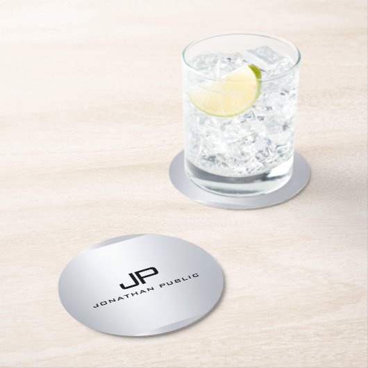 Mit Monogramm metallische Imitate Silver Template Runder Pappuntersetzer (Vor Ort)