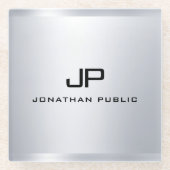 Mit Monogramm metallisches Silber Look Template El Glasuntersetzer (Vorderseite)