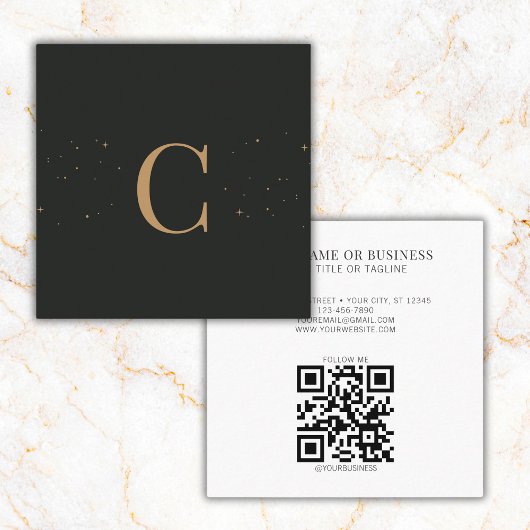 Mit Monogramm Minimal Celestial Stars Black QR Cod Quadratische Visitenkarte