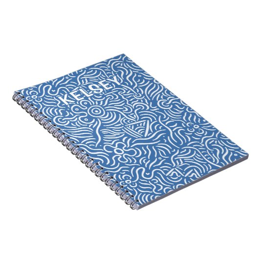 Mit Monogramm Minimal Line Art Blue Notebook Notizblock (Rechte Seite)