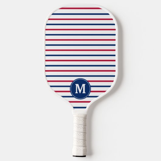 Mit Monogramm Minimalistische Rot- und Blaustreife Pickleball Schläger (Rückseite)
