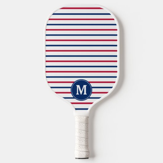 Mit Monogramm Minimalistische Rot- und Blaustreife Pickleball Schläger (Vorderseite)