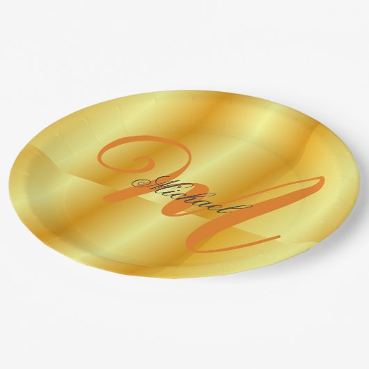 Mit Monogramm Minimalistische Schlichte Goldfarbe Pappteller (Schrägansicht)