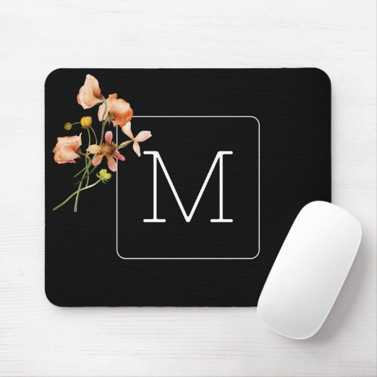 Mit Monogramm Minimalistischer Blumenschwarz Mousepad (Mit Mouse)
