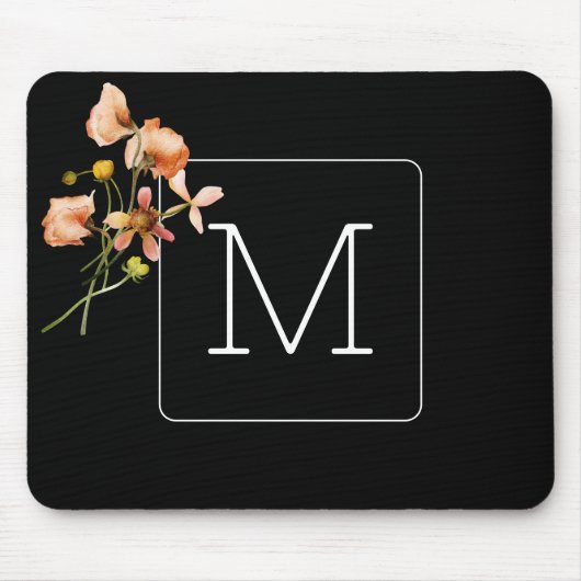 Mit Monogramm Minimalistischer Blumenschwarz Mousepad (Vorne)