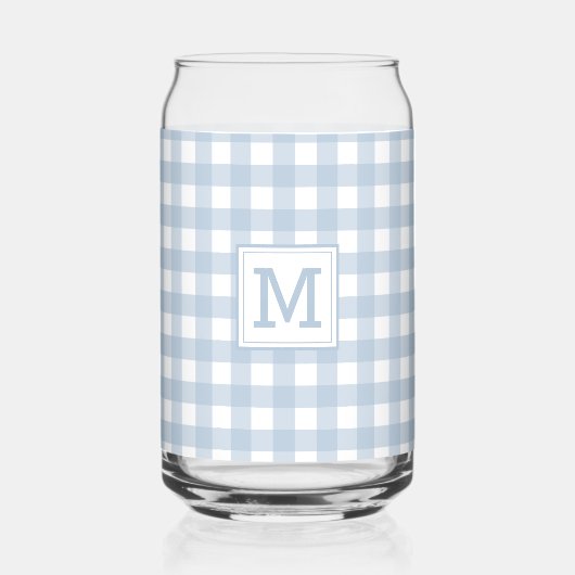 Mit Monogramm Minimalistisches Blue Gingham Karier Dosenglas (Vorderseite)