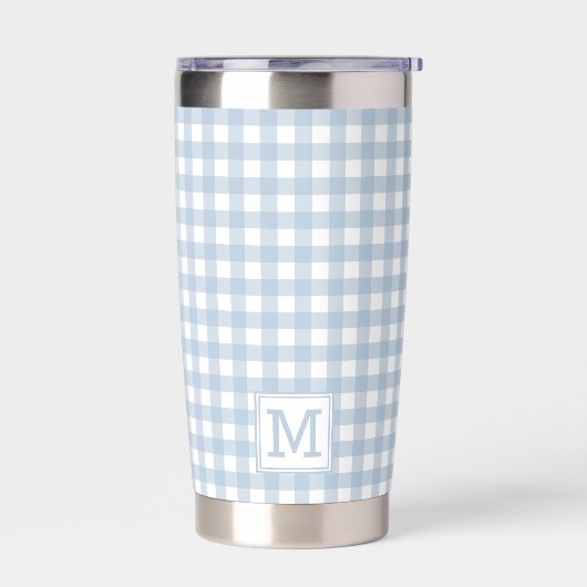Mit Monogramm Minimalistisches Blue Gingham Karier Thermobecher (Links)