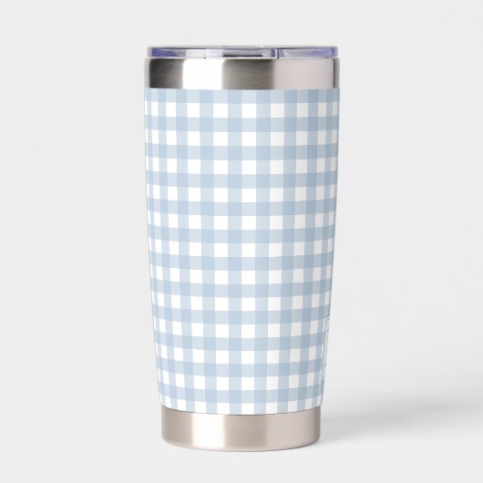 Mit Monogramm Minimalistisches Blue Gingham Karier Thermobecher (Vorderseite)