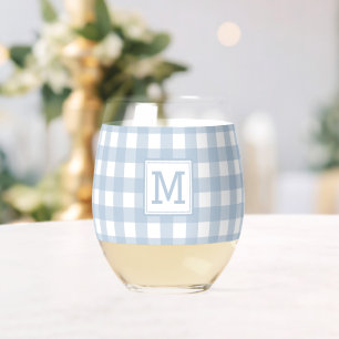Mit Monogramm Minimalistisches Blue Gingham Karier Weinglas Ohne Stiel