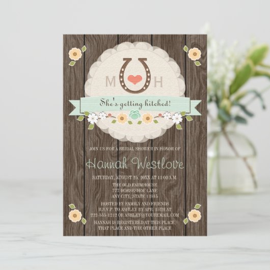 MIT MONOGRAMM MINT HORSESHOE WESTERN BRAUTPARTY EINLADUNG (Stehend Vorderseite)