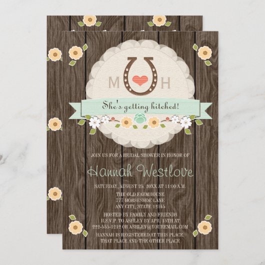 MIT MONOGRAMM MINT HORSESHOE WESTERN BRAUTPARTY EINLADUNG (Vorne/Hinten)