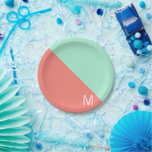 Mit Monogramm Minze- und Korallenfarbblock Pappteller (Party)