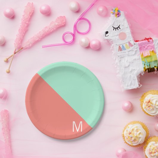 Mit Monogramm Minze- und Korallenfarbblock Pappteller (Party)
