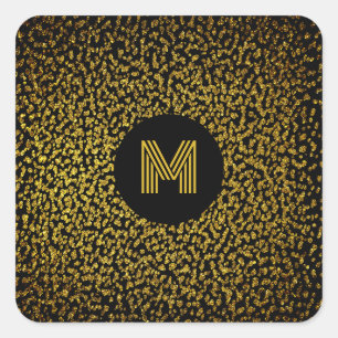 Mit Monogramm, moderne goldene Punkte schwarz Quadratischer Aufkleber