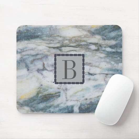 Mit Monogramm moderne graue und blaue Marmortextur Mousepad (Mit Mouse)