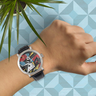 Mit Monogramm Moderne rote und schwarze Geometrie Armbanduhr