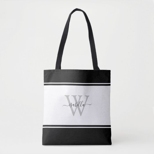 Mit Monogramm moderne Schrift Schwarz-weiß Tasche (Vorderseite)