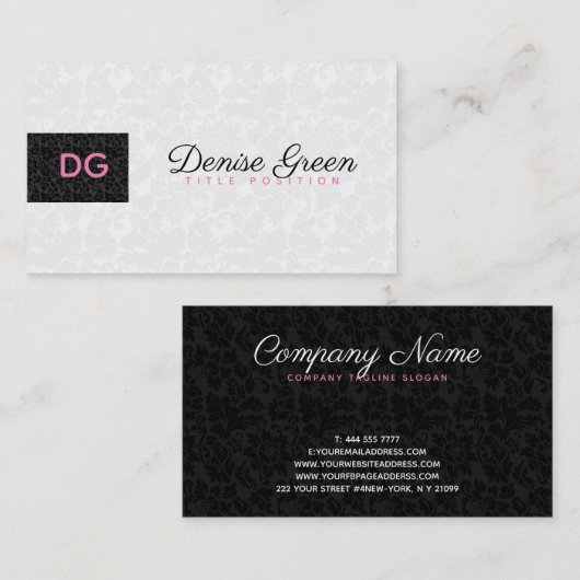 Mit Monogramm, moderne Schwarz-Weiß-Damasken Visitenkarte (Vorne/Hinten)