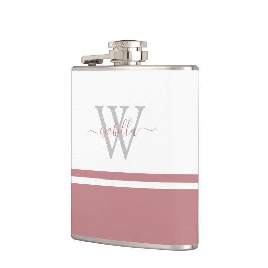 Mit Monogramm moderne Script-Dusty-Rose Flachmann (Links)