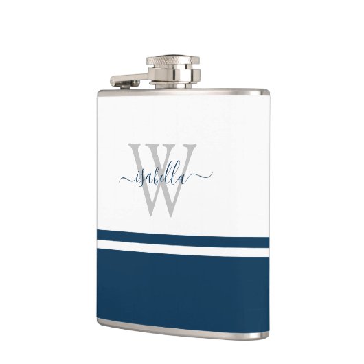 Mit Monogramm moderne Script Navy Flachmann (Links)