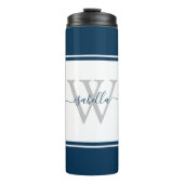 Mit Monogramm moderne Script Navy Thermosbecher (Vorderseite)