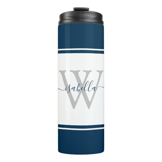 Mit Monogramm moderne Script Navy Thermosbecher (Vorderseite)