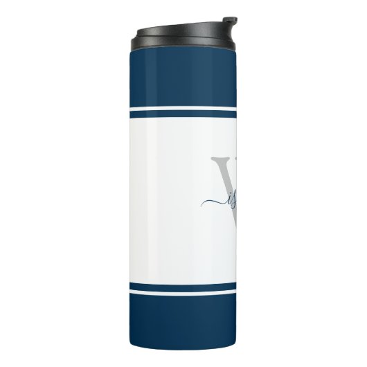 Mit Monogramm moderne Script Navy Thermosbecher (Nach links gedreht)
