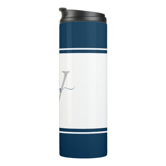 Mit Monogramm moderne Script Navy Thermosbecher (Nach rechts gedreht)