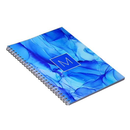 Mit Monogramm Modernes Abstraktes Blaues Ink Wash Notizblock (Rechte Seite)