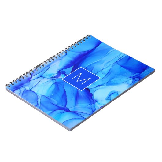 Mit Monogramm Modernes Abstraktes Blaues Ink Wash Notizblock (Linke Seite)