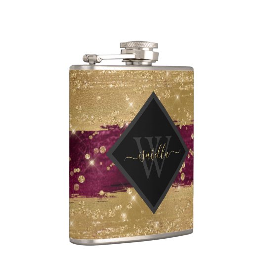 Mit Monogramm, modernes Burgundy-Gold-Script Flachmann (Rechts)