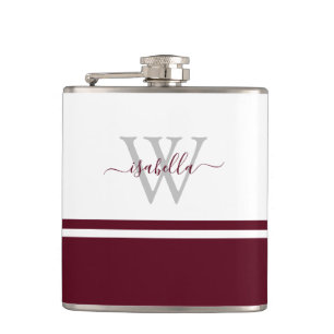 Mit Monogramm, modernes Script Burgundy Flachmann