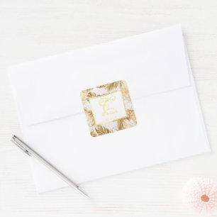Mit Monogramm monstera Gilded Gold Wedding Quadratischer Aufkleber
