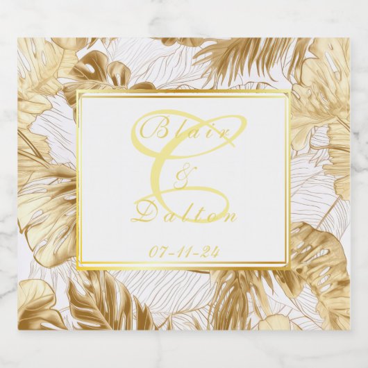 Mit Monogramm monstera Gilded Gold Wedding Schaumweinetikett (Einzelnes Label)