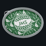 Mit Monogramm Muster für den Golfspieler Ovale Gürtelschnalle<br><div class="desc">Spielt personalisierter Sport themed Entwurf in Grünem und im Weiß Golf. Er kennzeichnet einen Goldball, der mit Monogramminitialen und einem Hintergrundmuster der Golfvereine, der Golfbälle und der verschiedenen Golf spielenden Ausdrucktypographie besonders angefertigt werden kann - ganz zusammengebracht worden, um ein einzigartiges personalisiertes Golf spielendes Geschenk für den Pro- oder Amateurgolfspieler...</div>