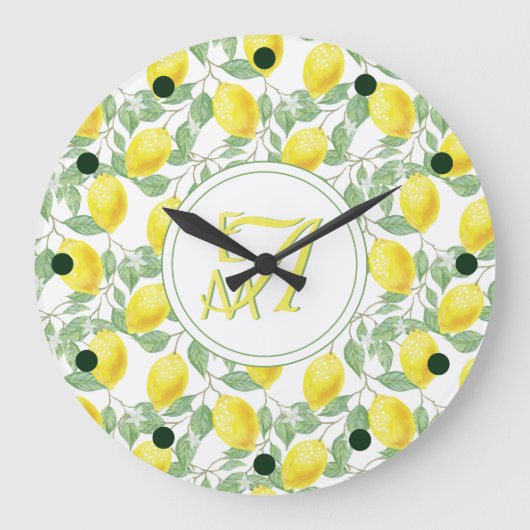 Mit Monogramm Muster in gelbem Grün Große Wanduhr (Vorderseite)