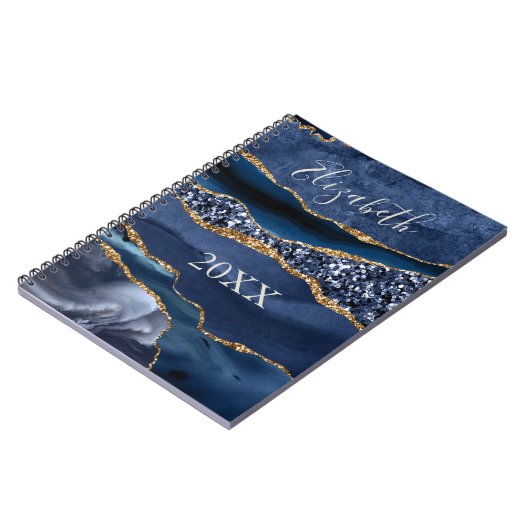 Mit Monogramm Name Blue Gold Glitzer Agate Marble Notizblock (Linke Seite)