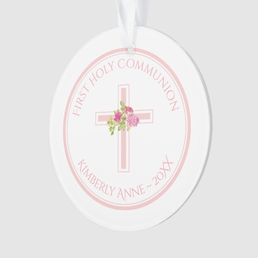 Mit Monogramm Name der ersten Kommune Cross Pink R Ornament (Vorderseite)