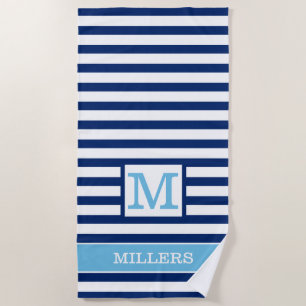 Mit Monogramm Name der Navy und Sky Blue Strip-Fam Strandtuch
