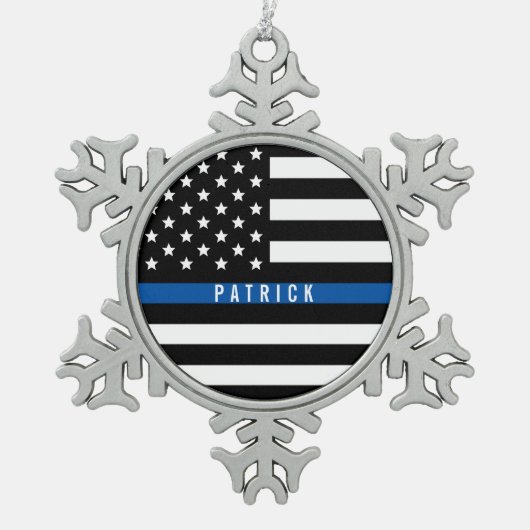 Mit Monogramm Name der Thin Blue Line-Polizei Schneeflocken Zinn-Ornament (Vorderseite)