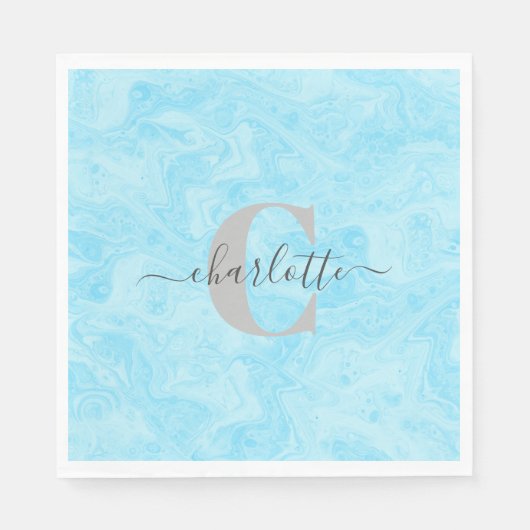 Mit Monogramm Name in Pastel Blue Marble Serviette (Vorderseite)