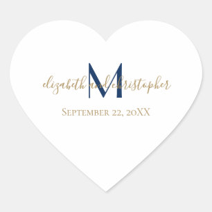 Mit Monogramm Name Initials Blue Gold Wedding Herz-Aufkleber