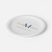 Mit Monogramm Name Initials Blue Gold Wedding Pappteller (Schrägansicht)