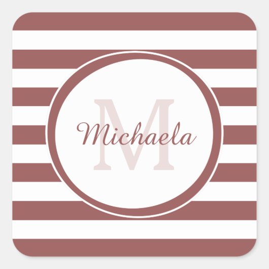 Mit Monogramm Name Preppy Dick Indian Red Strips Quadratischer Aufkleber (Vorderseite)