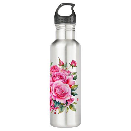 Mit Monogramm Name Rosa Roses | Edelstahlflasche (Vorderseite)