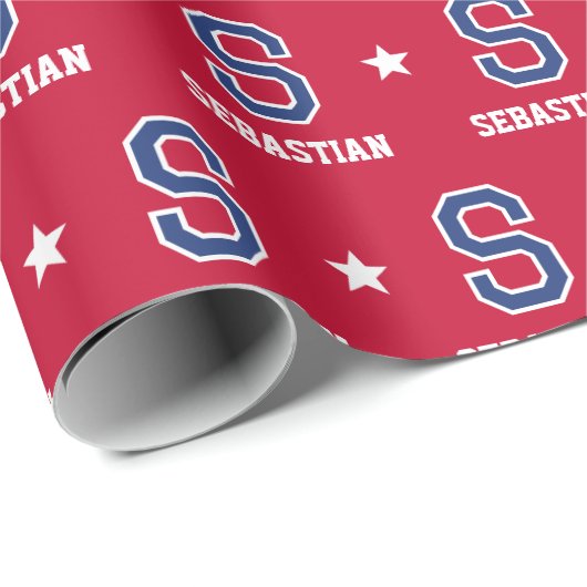 Mit Monogramm Name Star Crimson Gold Custom Geschenkpapier (Rolleneckpunkt)