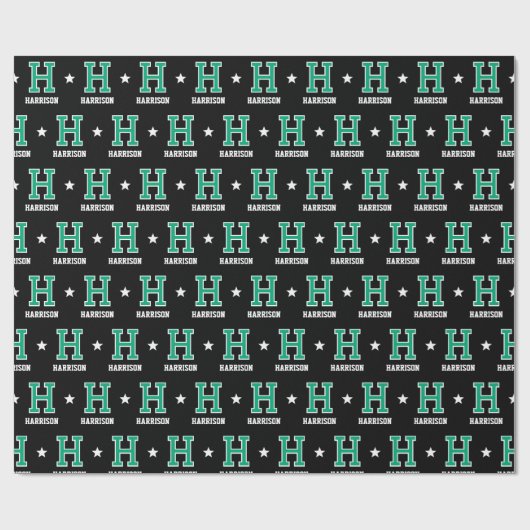 Mit Monogramm Name Star Green Black Geschenkpapier (Flach)