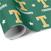 Mit Monogramm Name Star Green Gold Geschenkpapier (Rolleneckpunkt)