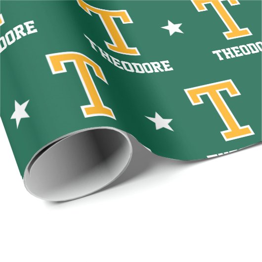 Mit Monogramm Name Star Green Gold Geschenkpapier (Rolleneckpunkt)